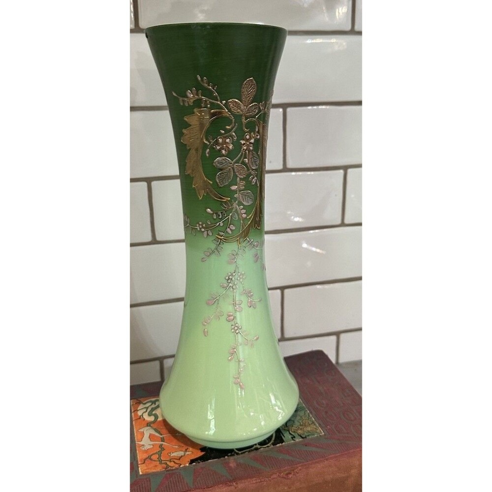 Opaline Two Tone Green Art Glass Gilt Flowers Hand Painted Vase Victorian 11.5"